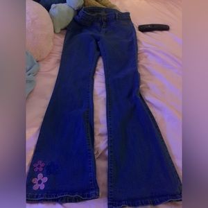 Floral high waisted flare leg jeans, never worn and freshly washed, dark blue